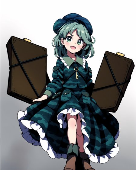 <lora:touhou_yamashiro-11:1>, cowboy shot, solo, 1girl, yamashiro takane, smile, looking at viewer, hat, flat cap, camouflage, frills, shirt, long sleeves, green skirt, boots, key, <lora:add_detail:1>, masterpiece, best quality,