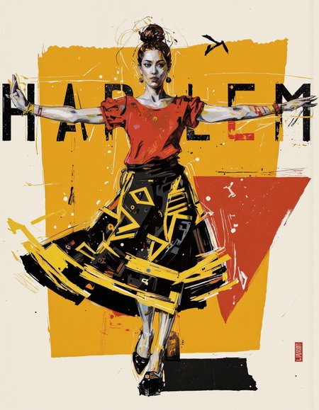 By Martin French. A vibrant and stylized illustration of a woman in a flamenco dancer pose, captured from a front camera angle. the woman, who appears to be in her mid-twenties, is standing in the middle of the image with her arms stretched out to the sides, showcasing her full body. she is wearing a red top and a black skirt with yellow and black geometric patterns, and her hair is styled in a bun. her facial expression is one of intense concentration, as if she is about to engage in a lively and energetic dance. the background is a gradient of yellow and orange, with abstract geometric shapes and lines, and the word "harlem" is prominently displayed in bold black letters at the top. the style is reminiscent of modern art, with bold lines and vibrant colors that bring the scene to life. the artist's signature is in the bottom right corner, adding a touch of professionalism to the artwork. <lora:Martin_French:1>