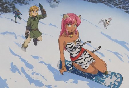 Pink_DragonPink, 1girl, sleeveless dress, white tiger print dress, pelvic curtain, cleavage, cat bell necklace, white tiger tail, red sash, small breasts, leather shoes, masterpiece, very aesthetic, <lora:pink-illustrious:1>, 
Break
1boy,Anime screencap,link (zelda),blonde hair,blue eyes,pointy ears, low ponytail, sidelocks, wearing blue hyilian tunic,
Break
Peak of tall snowy mountain, standing in the snow, during a sunny day, pink and link snowboarding on hylian shields, snowboard, snowboards are shields, snowboarding down mountain, sharp decline, leaving a trail through the snow, jumping over viewer