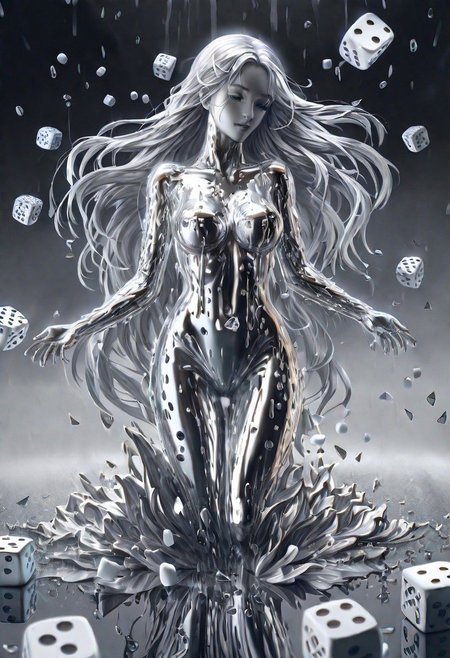 (masterpiece,best quality,ultra-detailed,best illustration:1.3), 1woman,  its raining dice, 1000s of white dice falling from from the clouds, full length metal body, silver liquid metal long hair, casino background,
silver LIQUID METAL