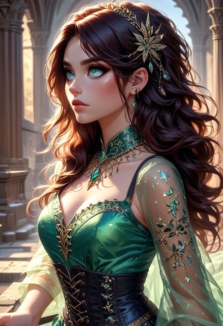 22-year-old Latina female, Her long, brown hair cascades in loose waves down her back, perfectly complementing her warm brown eyes that always seem to sparkle with curiosity and kindness. sun-kissed skin and athletic build reflect her love for the outdoors and an active lifestyle. She's in a vibrant and intricately laced cup-less formal corset dress that showcases her personality and cultural pride. Big natural cleavage. She has a serious expression on her face.  Standing in the library of a castle, make the background in focus too. Camera should be up high looking down on her face and cleavage, top view. Give her a gold headband, beautiful and intricate gold necklace with an emerald in it, earrings, bracelet. Euphoria makeup style: with rhinestones around the eyes, bold colors and drama. really focus on the eyes and make them as accurate as possible.