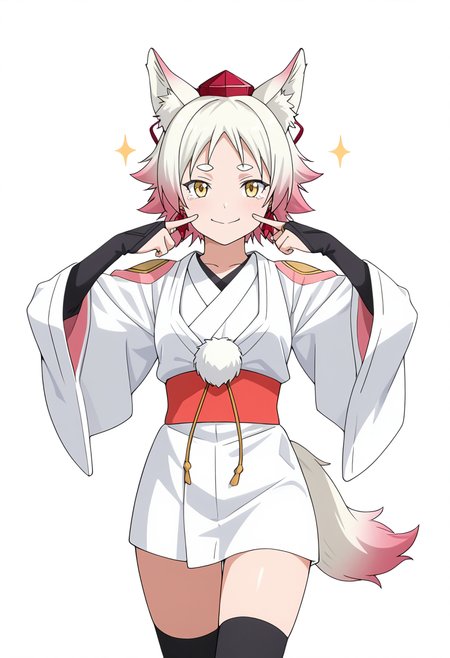 Smooth Quality,masterpiece,very intricate, high quality details, ultra realistic, high detailed skin,detailed enviorement,absurdres,
simple background, white background,
walking pose, one hand in pocket, head slightly turned, casual stride, confident aura,  ,w,fingersmile,tears, <lora:Momiji_cnn:0.8> momijicnn,1girl, wolf ears, yellow eyes, white hair, pink hair, short hair, gradient hair, thick eyebrows,tokin hat, japanese clothes,white kimono,sash, black thighhighs, long sleeves, bridal gauntlets,earrings, pom pom (clothes), tail,