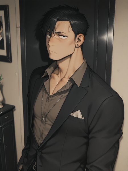 masterpiece, best quality, amazing quality, Nicolas Brown, jewelry, collarbone, male focus, formal, look at viewer, suit, black hair, solo.bara, male focus, 1 boy, traditional media, aosiai123_illu
