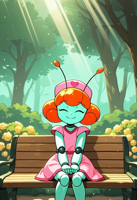 score_9, score_8_up, score_7_up, score_6_up, BREAK, 0hn0R0b, 1girl, solo, orange hair, colored skin, robot, antennae, pink headwear, pink dress, smile, looking at viewer, outdoor, sitting on bench, tree, flower, bush, sunlight, light particles, light rays, sunbeam, dappled sunlight looking up at viewer, eyes closed, happy closed eyes, happy smile,  <lora:Ohno_rob_IllustriousXL:0.8>