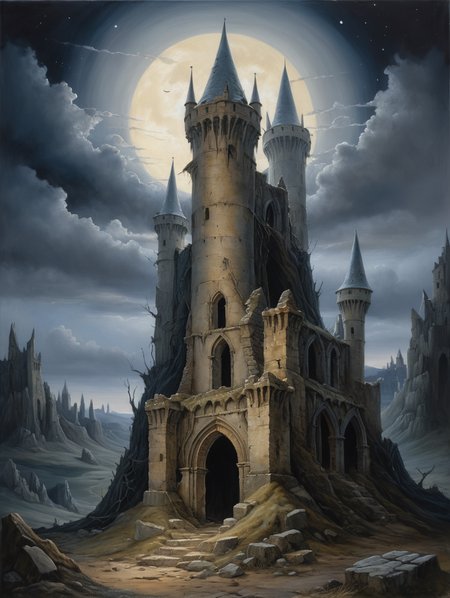 Oil painting, An ancient ruined site from the Middle Ages lies silent and deserted under the clear light of the full moon. The crumbling walls and towers rise up against the night sky, while the silvery light of the moon casts mysterious shadows and fills the scene with a touch of magic, masterpiece, high detail, 8k, intricate, detailed, high resolution, high res, high quality, <lora:add-detail-xl:1.8>, highly detailed, Extremely high-resolution details, fine texture,