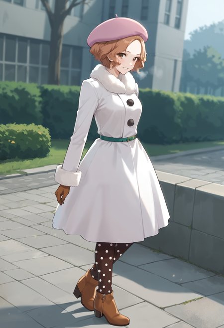 score_9, score_8_up, source_anime
1 girl, solo, cute face,
p5haru, brown hair, short hair, wavy hair,
p5haru-wintercas2, beret, pink beret, long coat, thin belt, green belt, gloves, red pantyhose,  polka dot legwear, ankle boots, side-zip boots, 
outside, park, cold, foggy breath, looking at viewer, smiling, cowboy shot, from side,
masterpiece, best quality, ultra detailed,