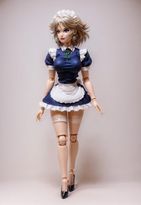 safe_pos, score_9,score_8_up,score_7_up,score_6_up,breasts, full body , plastic skin , doll joints, (masterpiece, top quality, best quality, beautiful and aesthetic:1.2), (((Sakuya))), doll, chibi, bimbo, 1girl, solo, breasts, curvy, wide hips, narrow waist, doll joints, lips, bow, dress, maid, maid headdress, parody, short sleeves, thighhighs, hair_between_eyes, midriff, navel, yellow eyebrows, makeup, eyeshadow, red lips, closed mouth, cowboy shot, (((earrings))), looking to the side, high heels, thighhighs, curvy, breasts, jewelry, BarbieCore, doll, barbie doll, barbie