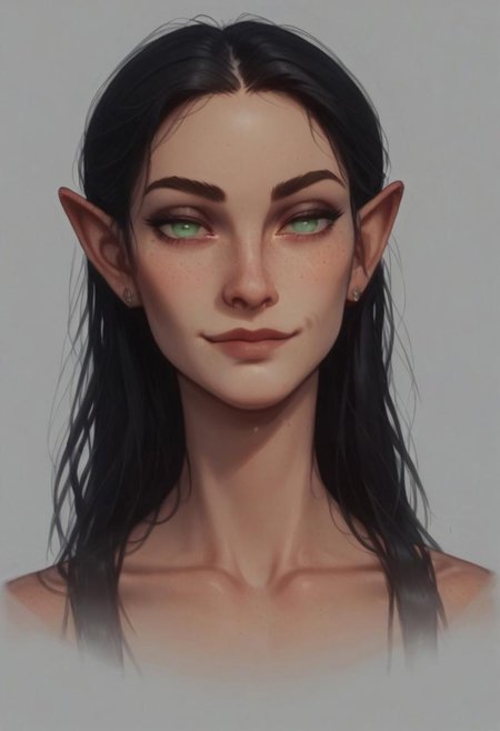 score_9, score_8_up, score_7_up, semi realistic, (portrait:1.4), mood lighting, cinematic lighting, volumetric lighting, (slim fit), toned female, (coy smile, bedroom eyes, head tilt, smirk), BREAK, (slanted eyes, high cheekbones, pronounced bones:1.7), (delicate features, hairless faces, pointed ears, very attractive, tanned light honey skin:1.2), south east Asian,( freckles:1.2), orange green eyes, long black hair, defined jawline, tiny gemstone earrings, hard eyebrows, majestic, collarbone