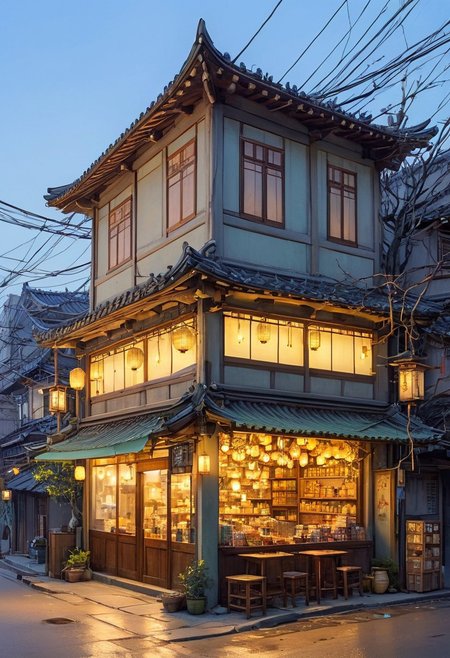 A cozy, small traditional Korean shop illuminated warmly at dusk, surrounded by a large, intricate tree with branches sprawling across the scene. The shop has wooden panels and shelves filled with various goods, and a soft yellow glow emanates from its windows and lanterns. Outside, there are a few stools and tables under the tree, scattered leaves, and soft lighting creating a serene and nostalgic atmosphere. Overhead, electrical wires crisscross the sky, adding depth and realism. The environment is peaceful, with a blend of natural and urban elements harmonizing beautifully.. (anime, cyberpunk, Moebius (Jean Giraud) Style page)