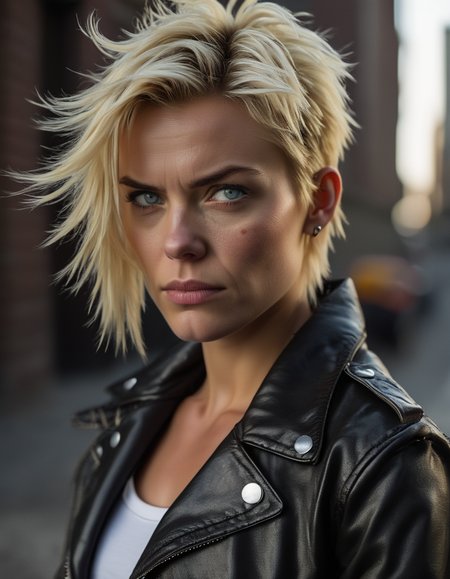 A close-up of a woman with short, spiky blonde hair, her blue eyes filled with determination. Sheâs wearing a leather jacket and ripped jeans, her tough exterior hiding a softer, more vulnerable side. <lora:usual-portrait-v2:1>