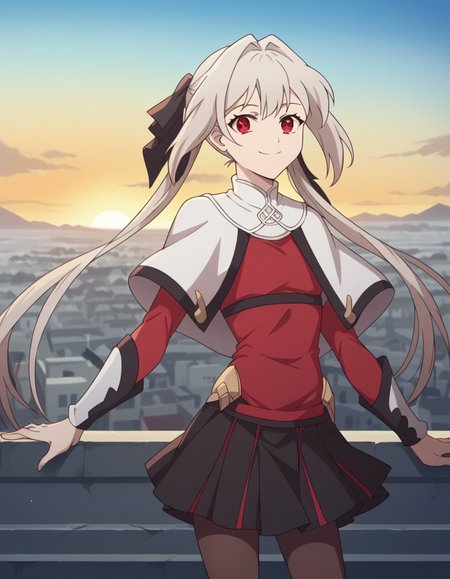 score_9, score_8_up, score_7_up, source_anime, <lora:lynneburg-clays-s1-ponyxl-lora-nochekaiser:1>, lynneburg clays, long hair, red eyes, twintails, grey hair, hair intakes, hair ribbon,, pantyhose, capelet, white capelet, dress, red dress, long sleeves, skirt, black skirt, pleated skirt,, rooftop, sunset, cityscape, quiet moment, wind blowing, contemplative, smile, looking at viewer, smug, solo,, cowboy shot, dutch angle