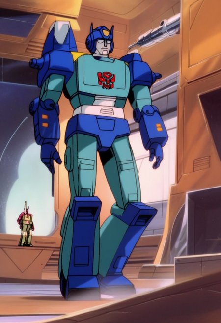 concept art score_9, score_8_up, score_7_up, animation, transformers, 1boy, robot, Autobot, Tall, bulky, glowing eyes, Blue eyes, large eyes, circular eyes, dark Blue armor, artillery cannons, fusion cannons, transforms into Stealth Cybertronian anti_gravity artillery tank, full body, cowboy shot, smiling, holding rifle, Autobot Symbol (Red),  full body,  <lora:Transformers 86 FT:1> . digital artwork, illustrative, painterly, matte painting, highly detailed
