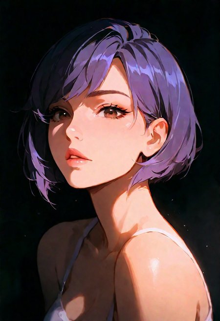 1girl, Juno (Overwatch 2), lips, thin lips, parted lips, solo, looking at viewer, camisole, upper body, dark, underlightling, masterpiece, best quality, very aesthetic, purple hair, bob haircut,