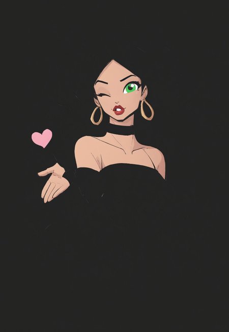 jjco, (Blend_in, black background), score_9, score_8_up, score_7_up, masterpiece, best quality, absurdres, vibrant, highly detailed, very aesthetic, (spotlight, sidelightning), upper body, mature, beautiful, stunning, 1girl, solo, gorgeous 39-year-old Russian MILF, green eyes, long silky black hair, parted bangs, thin gold hoop earrings, black choker, (tanned skin:0.6), (matte red lips:1.2), black evening dress, fingerless elbow gloves, black clothes, bare shoulders, looking at viewer, wink, hand up, blowing kiss, pink heart