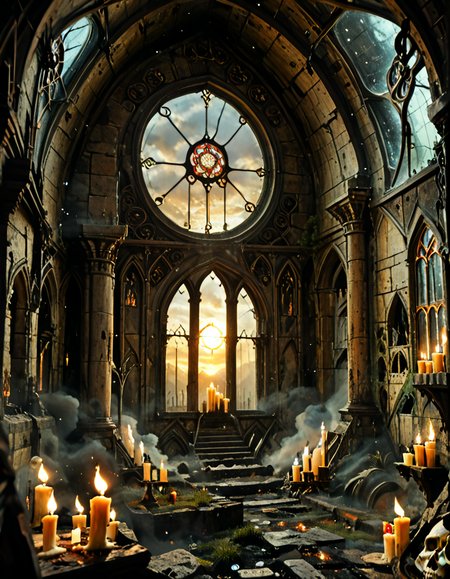 score_9, score_8_up, score_7_up, score_6_up, score_5_up, score_4_up, <lora:SW01v1-5pb:1> EFFD02, imagination, epic world, clouds, open jaw, breaking in, halos of light in the darkness of space, fire, EFFY01, epic scale chamber, detailed black robed dark wizard with a skull face, candles, medieval detailed architecture, detailed wall carvings, occult medieval ceremony, stained glass windows, bokeh, fantasy, T8 trees, green, blue, waves, ruins, T10, motion, spacecrafts, cyberpunk city, mist, god rays, sunset,