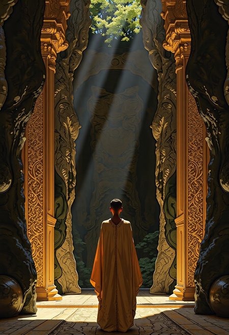A portrait of an African woman wearing a loose coverall, walking through a massive futuristic temple, light beams fall on intricately carved walls, high detail, ambient lighting, forest beyond,