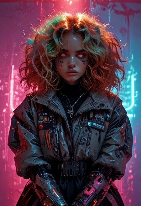 score_7_up, (score_9:1.1), (ugly:0.9),(pretty:1.4),1woman, adult, realistic, realism, hyper realistic, sparkling hair, floaty hair, wavy hair, (soft light coloured hair:1.3), (red iris, glowing iris, neon white pupils:1.3), looking at viewer, big hair, huge afro, zero gravity hair, detailed, perfect, perfection, hands, big scar across face,
BREAK,
((extra_puffy_jacket, black skirt, glossy lips, shiny skin)), full lips, hands behind back, (upper body:1.9),  blocky shape cybernetics, cybernetics, cybernetic skin, raised eyebrow, pale skin, ((snub nose:1.4)), breasts, (prominent abs:1.1), focus upper body,  sweating, 
BREAK,
(neon background, future slums, neon, cybernetic background, mist:1.3),(cybernetic mechanical arm, prosthesis:1.3),