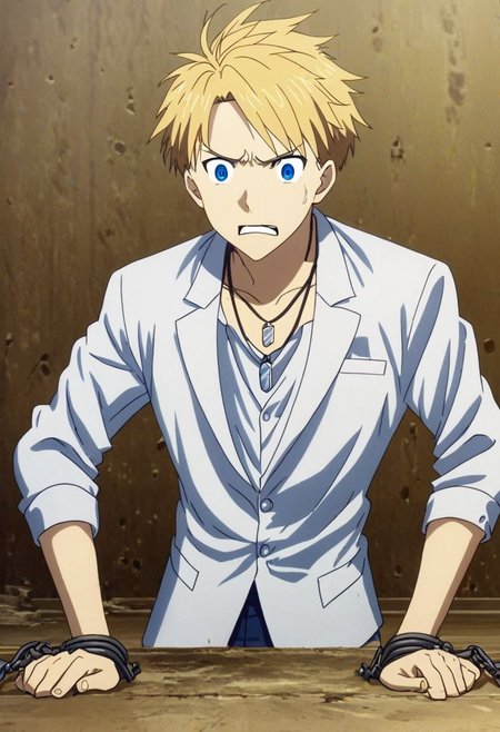 high resolution, professional photography, solo, best quality, 1Boy, Yamato Ishida, Blond Hair, Deep Blue Eyes, Necklace, arrested, restrained, struggling, interrogation, interrogation room, OverallDetail