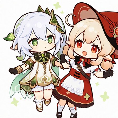 masterpiece, very awa,simple background,white background,chibi,cute,adorable,2 girls, duo,
BREAK
klee \(blossoming starlight\) \(genshin impact\),bloomers, black gloves, kneehighs, mary janes, witch hat, red skirt, white shirt, shawl, waist apron, bag,
BREAK
Nahida_(Genshin_Impact),green_eyes, white_hair, gradient_hair, long_hair, cross-shaped_pupils, side_ponytail, flat_chest, pointy_ears,green_eyes, white_hair, gradient_hair, long_hair, cross-shaped_pupils, side_ponytail, flat_chest, pointy_ears, hair_leaf, hair_ornament, two-tone_dress, detached_sleeves, sleeveless, green_cape, white_bloomers, bracelet