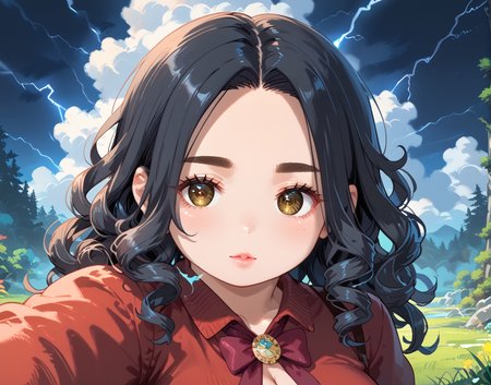 PonyScores7, source_anime, ah1, IllustriousQual, <lora:natsumi_style:0.5>, <lora:by_usakun-pony:0.4> by usakun, <lora:Akina_Bbw_Style_-_PonyXL:0.2> AkinBw
BREAK (selfie)
BREAK 1girl, mature female, (round face:1.2), (thick eyebrows:1.3), (curvy), round-chin, caucasian, (plump face), <lora:Round_face:0.2>, <lora:ETO_OCPonyXL:0.3> eto_oc, skindentation, (plump), thick thighs, wide hips, busty, voluptuous, lips, <lora:venus body PonyXL:0.3>, <lora:shinyskin2:0.2> glistening skin
BREAK  (((curly hair), long hair, (black hair:1.4), (parted hair:1.7), messy hair, kinky curls, <lora:hairdetailpxl:0.2> hairdetailpxl))
BREAK ((brown eyes), (colorful eyes), (downturned eyes:1.4), <lora:expressive eyes:0.2> expressive eyes, <lora:eyedetailpxl:0.2> eyedetailpxl, <lora:Eyes_High_Definition:0.2> EyesHD)
BREAK ((Envious, Feeling or showing envy,  <lora:Expressive_H:0.2> Expressiveh, <lora:Emotional_Anime_Expressions_PonyXL_Concept:0.2> emotional, <lora:Best_Facial_Expression_LoRA_PONY:0.2>, looking at viewer, <lora:Detailed expressive EXEV style -XL Pony V1.0:0.2> FaceDetail))
BREAK ((A woman gestures with a bronze hand mirror, and a series of shimmering, mirrored illusions appear, creating a deceptive maze of reflections that disorients those who view them))
BREAK peach (crayola) Faded colors on a halka
BREAK (((a dramatic view of the Roraima Tepui in Venezuela, with its sheer cliffs rising majestically from the surrounding rainforest, The scene is set during a dramatic storm, with dark clouds swirling above and lightning illuminating the landscape, The atmosphere is intense and powerful, showcasing nature's raw beauty)))
BREAK <lora:xl_more_art-full_v1:0.2>, <lora:aesthetic_anime_v1s:0.2>, <lora:EpicF4nta5yXL:0.2>, <lora:detailxl:0.2> detailxl, <lora:Fant5yP0ny:0.2>, best quality, amazing quality, best aesthetic, absurdres, illustration, Volumetric_Lighting, ultra-detailed, very aesthetic, intricate details, 8k, masterpiece, best_quality
BREAK Stable_Yogis_PDXL_Positives, AS-Adult, <lora:Complicated fantasy portrait - XL Pony V2.0:0.2>, bad-hands-5, <lora:HDA_Detailer:0.3>, HDA_FatGirlXL