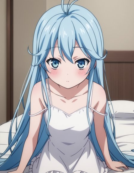 score_9, score_8_up, score_7_up, source_anime,
eriotouwa, <lora:erio-touwa-s1-ponyxl-lora-nochekaiser:1>,
erio touwa, long hair, blue eyes, very long hair, blue hair, ahoge, antenna hair,
dress, bare shoulders, white dress, frills, collarbone, frilled skirt, spaghetti strap,
indoors, bed, bed room, on side, blush, drunk,
looking at viewer, cowboy shot, dutch angle, solo,