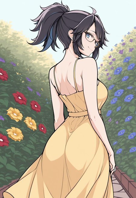 masterpiece, best quality, 1girl, solo, Ks0n, black hair, blue eyes, ponytail, glasses, from behind, outdoors, looking back, smile, yellow sundress, garden, flower, red flower, blue flower, yellow flower, purple flower, lineart, sketch, <lora:ChamKsonIllustriousXL:1>