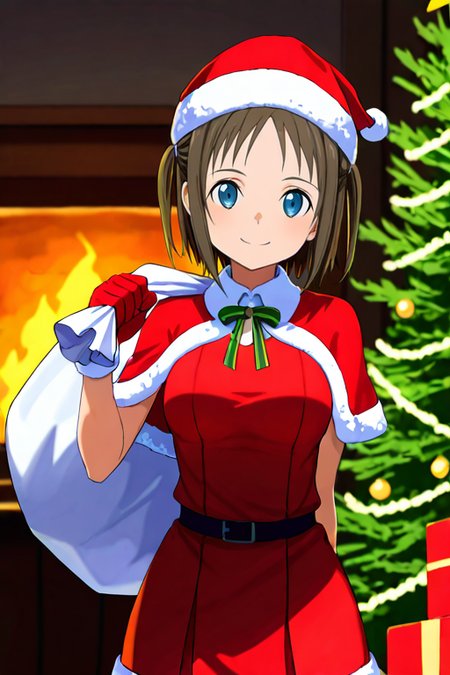 masterpiece, High quality, Ultra detailed, 2d, newest, absurdres, highres, BREAK
1girl, solo, <lora:ronye_arabel:0.8>, ronye_arabel_(sword_art_online), short hair, brown hair, two side up, blue eyes, 
medium breasts, ronyeNd, 
santa costume, santa hat, christmas, sack, merry christmas, gift, fur-trimmed headwear, holding sack, santa dress, fur-trimmed dress, christmas tree, christmas tree, fur trim, red capelet, gift box, red gloves, fur-trimmed capelet, santa gloves, red hat, hat, smile,