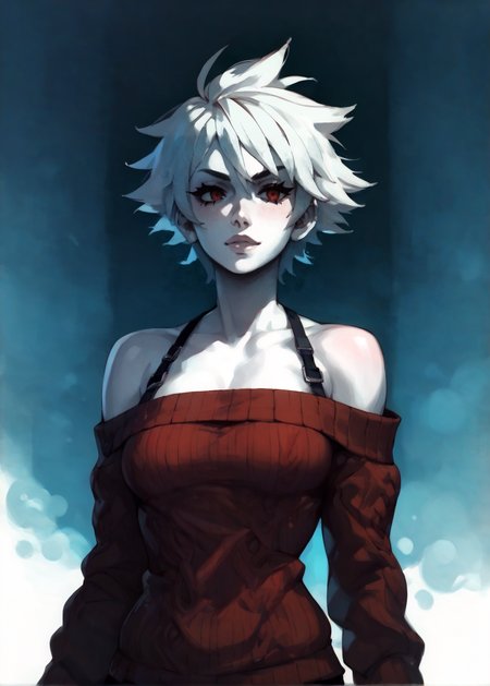 white skins, spiky red short tomboy hair, neutral expression, tight sweater, <lora:NAHIRI:1> nahiri, 1girl, solo, short hair, breasts, bare shoulders, white hair, colored skin,  <lora:RD-MAnon-XLV1.1:1>  female,, source_anime, score_9_up,  score_7_up, score_8_up