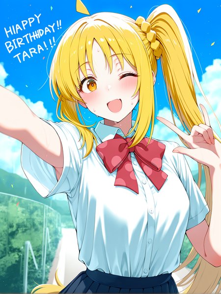 masterpiece, best quality, absurdres, amazing quality <lora:cfg_scale_boost:0.3> <lora:StS-Illustrious-Detail-Slider-v1.0:3> <lora:StS_Age_Slider_Illustrious_v1:3>,detailed_background,outdoors,brown eyes,blonde hair,ahoge,outstretched arm,bow,;d,side ponytail,long hair,smile,sidelocks,\m/,short sleeves,skirt,blush,upper body,absurdres,bocchi the rock!,blue skirt,one eye closed,school uniform,1girl,happy birthday,dot nose,zungurimukkuri tarou,open mouth,ijichi nijika,red bow,shimokitazawa high school uniform,solo,red bowtie,highres,pleated skirt,white shirt,shirt,bowtie,collared shirt,looking at viewer