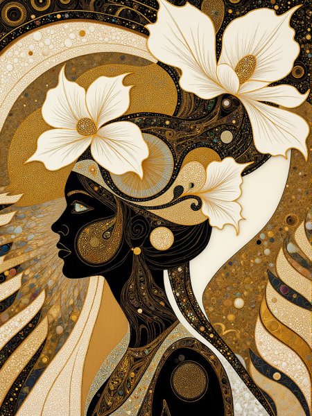 1920s themed artwork depicting Haitian woman wearing a magnolia exoskeleton, intricate white and gold animalistic details. Tlingit. The overall arrangement of the image is a balance of space and features. Additionally the image incorporates elements of mixed media including flowing lines drawn with fine pens and appliqued copperleaf. The general effect is of elaborate and elegant elements interacting with each other to produce timeless fine art. <lora:midjourney_whisper_chromaplex_v1:0.4> <lora:Paper_Marbling_Flux:0.4> <lora:Pacific_Northwest_r1:0.7> <lora:BookOfKells-Rapid:0.3> <lora:leathmm:0.5>
