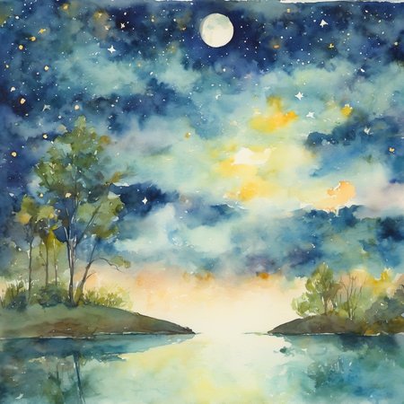night, sky, stars, moon, illustration, lake, <lora:watercolor_v1_sdxl:1> aquarelle,