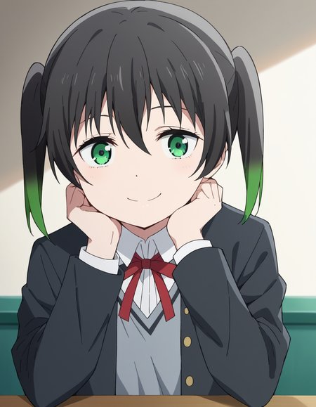score_9, score_8_up, score_7_up, source_anime, <lora:yuu-takasaki-s2-ponyxl-lora-nochekaiser:1>, yuu takasaki, bangs, black hair, hair between eyes, twintails, green eyes, multicolored hair, green hair, medium hair, two-tone hair, gradient hair,, skirt, long sleeves, school uniform, jacket, red ribbon, black jacket, blazer, nijigasaki academy school uniform, white skirt,, indoors, smile, looking at viewer, solo, sitting, head rest, table,, cowboy shot, dutch angle