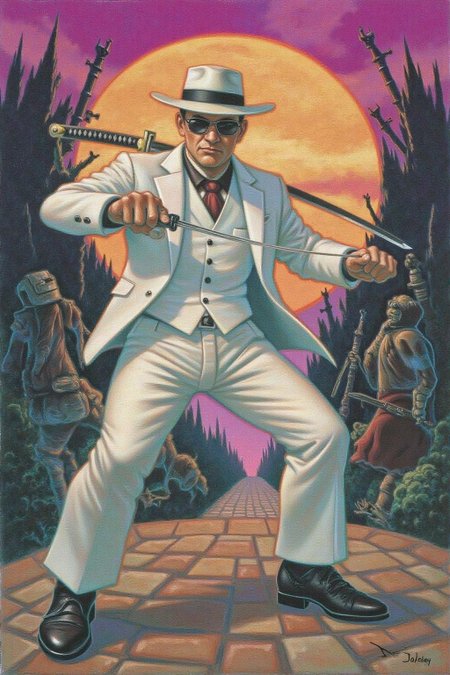 magr1 illlustration.
A gangster wearing a white suite, holding a katana in combat ready pose.  <lora:magr1_cap_d6a3e12:0.8><lora:828075965604343794:0>