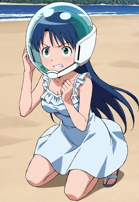 safe_pos, source_anime, anime coloring, 1990s \(style\), (wearing blue framed dome_helmet|space helmet), 1girl, solo, hands up, long hair, blue hair, medium breasts, green eyes, clenched teeth, determined, outdoors, water,  beach, sundress, frills, full body, sandals, helmet overlapping head, helmet overlapping face, helmet overlapping chin,