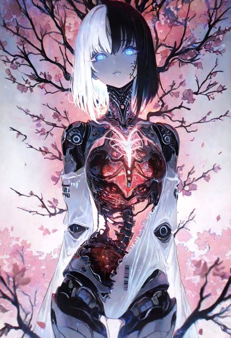 masterpiece, best quality, good quality, very awa, newest, highres, absurdres, 1girl, solo,  
Cherry blossom, 
 limited palette, sketch, glowing, psychedelic,
BREAK 
ambient occlusion, raytracing, soft lighting, blum effect, masterpiece, absolutely eye-catching, particles, glow, shining, intricate cinematic background, (beautiful face), looking seductive, coy. dynamic action image,  
BREAK 
masterpiece,amazing quality,best quality,ultra-detailed,8K,illustration,CG, ultra-detailed-eyes, detailed background,cute girl, eyelashes, erotic, petals falling, 
Cherry blossom, blurry foreground, branch
BREAK
(sexy, slutty, hot, aroused) 
Automaton, colored skin, robot girl, robot joints, white hair, blue eyes, short hair, metal_skin, barcode,
BREAK
an anime-style character with long black hair is shown from the back her head is slightly tilted to the side revealing a complex mechanical structure where her neck and upper spine should be this structure includes red and silver components that resemble a robotic or cybernetic enhancement she is wearing a white outfit with some details like patches and labels visible on the sleeve the background is dark and out of focus drawing attention to the intricate design of the mechanical parts and the contrast between the organic human features and the artificial enhancements j_art, anime, anime art,