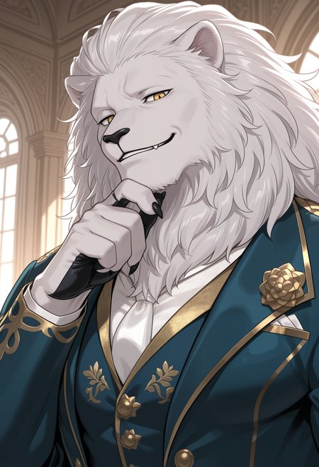 masterpiece,best quality,amazing quality, 1boy, solo, b0gg4rt, lion boy, yellow eyes, green suit, green vest, close up, side angle, hand on chin, smirk, mansion,