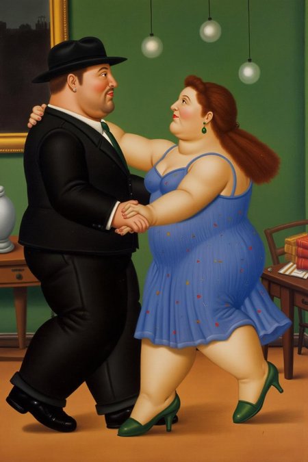 fernandobotero1 painting.
A man and a woman are dancing in a room. The central figures are a man in a dark suit with a black hat holding a woman's hand. The woman, her back to the viewer, is wearing a sleeveless blue dress adorned with small patterns and green high-heeled shoes.
 <lora:fernandobotero1_cap_d6a3e7:1.0><lora:840258648929418982:0>