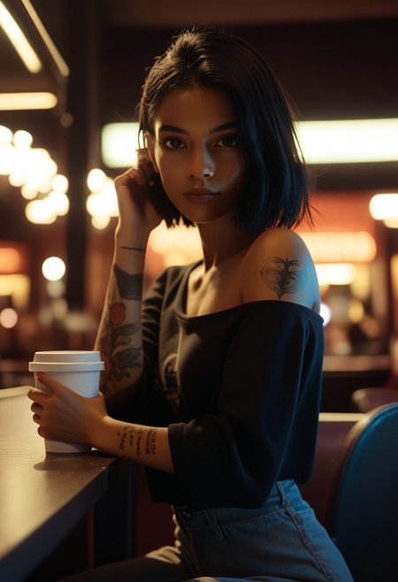 score_9, score_8_up, score_7_up, score_6_up, cinematic, cinema shot, film grain, depth of field, 1girl, tattoo, black hair, solo, dark skin, dark-skinned female, off shoulder, short hair, bare shoulders, looking at viewer, shirt, blurry, cup, medium hair, sitting, black shirt, arm tattoo, indoors, boke, (dark:1.2)