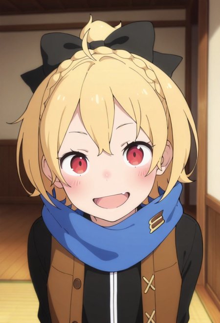 masterpiece,best quality,amazing quality, felt, short hair, blonde hair, red eyes, 1girl, scarf, solo, looking at viewer, smile, open mouth, blue scarf, braid, upper body, vest, blush, indoors