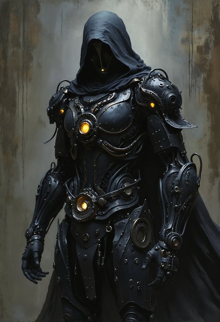 A stealthy warforged assassin in sleek black armor and a shadowy hood, crafted with ultra-realistic detail for a dark fantasy world. This captivating image depicts a menacing steampunk robot in a painting, where each rivet and gear is meticulously rendered in exquisite dark tones. The intricate design shows off the assassin's deadly capabilities, blending advanced technology with a sinister aesthetic that immerses the viewer in a gritty, dystopian atmosphere.