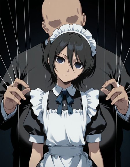 masterpiece, best quality,  <lora:Mind_Controlled_Rukia:1>, 4ukia, short hair, black hair, dark blue eyes, expressionless, empty eyes, (head tilt, maid:1.2), upper body, arms at sides,  doll strings, a faceless eyeless fat bald man puppeteering a girl, strings coming out of fingers, hands above girl, strings connected to girl, flat chest,