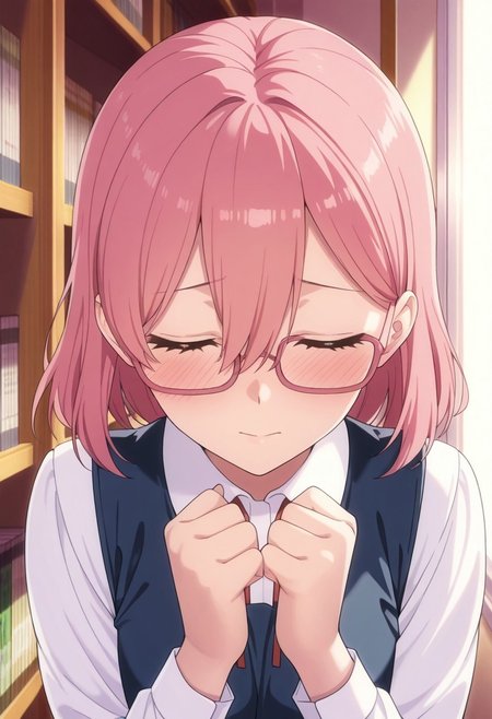 masterpiece,best quality,amazing quality, amano ririsa, short hair, pink hair, 1girl, glasses, closed eyes, solo, school uniform, blush, yuigaoka school uniform, shirt, bookshelf, closed mouth, pink-framed eyewear, white shirt, indoors, hair between eyes