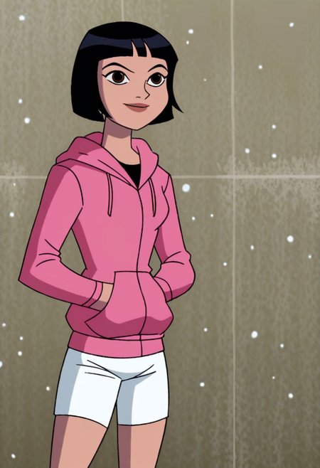 Julie Yamamoto,1girl, solo, snowing,snow,smile,black hair, short hair, brown eyes, lips, pink hoodie, long sleeves, white shorts,hands in pockets,official costume, retro artstyle