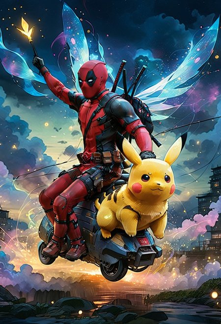 mix of watercolor and oil painting, anime artwork, anime style, studio anime, etheral, motion lines, glowing,  Deadpool1024, riding a jumbo pikachu, deep colors, vivid, colorful, fairy tale aethestics, magic, fireflies, cinematic composition, volumetric lighting, volumetric fogs, volumetric dusk, lots of volumetric clouds, cinematic composition, side view, penumbra, celestial, ethereal