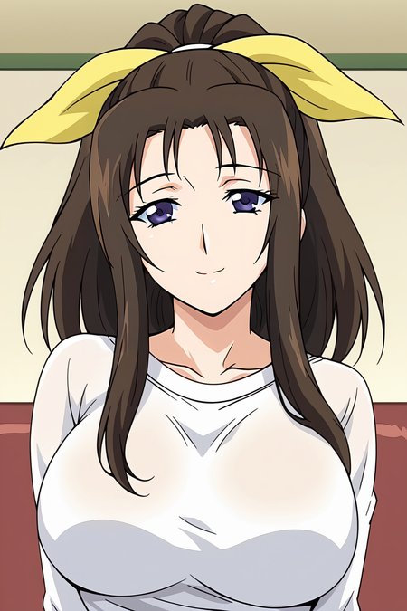 <lora:Shino_Takase-Hypnotism_2:0.8>,Takase,1girl,long hair,brown hair,purple eyes,hair ribbon,large breasts,ribbon,ponytail,shirt,upper body,looking at viewer,smile,indoors