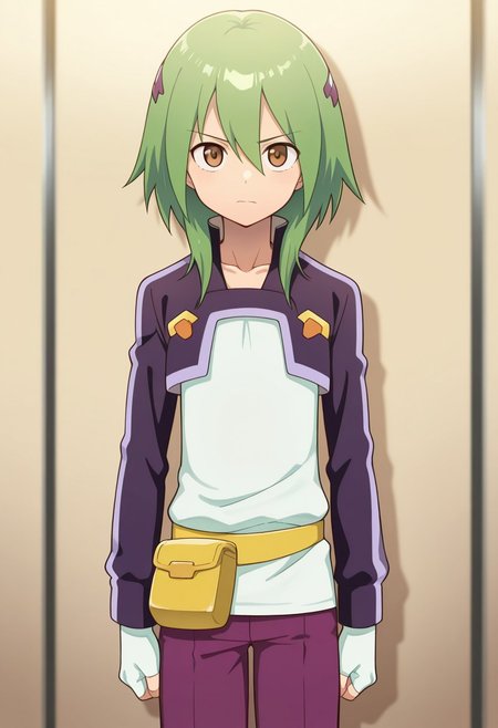 masterpiece,best quality,amazing quality, source_anime, 
FutabaTsukasa, 1boy, male focus, solo, brown eyes, green hair, hairband, collarbone, white shirt, purple jacket, cropped jacket, long sleeves, white gloves, fingerless gloves, yellow belt, belt pouch, pants, purple pants,