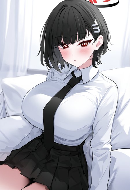 blue archive, rio \(blue archive\), 1girl, alternate hair length, alternate hairstyle, black hair, black skirt, blush, breasts, bright pupils, collared shirt, hair ornament, hairclip, halo, large breasts, long sleeves, looking at viewer, necktie, pillow, red eyes, shirt, short hair, sitting, skirt, solo, white pupils, white shirt, masterpiece, best quality, good quality