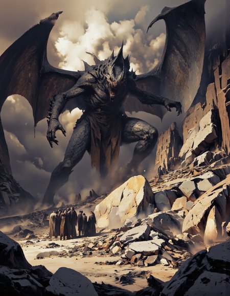 Art by Piotr JabÅoÅski. A dramatic digital illustration shoot from below about a large, menacing dragon towering over a rocky landscape, with a group of small, dark-skinned figures standing in front of it. the scene is set in a dimly lit, smoky environment with rocks and debris scattered around, and the atmosphere is ominous and foreboding. in the center of the image, the dragon appears to be in a state of power, with its wings spread wide and its mouth open, as if roaring. the dragon's scales are detailed and textured, and its eyes are glowing with a menacing intensity. on the left side of the dragon, the group of figures are standing close together, looking up at the dragon with a sense of awe and fear. the figures appear to be of unknown age, and they are all facing the same direction, but their faces are not visible due to the size difference between the dragon and the group. the overall effect is one of chaos and destruction, with the dragon dominating the scene.