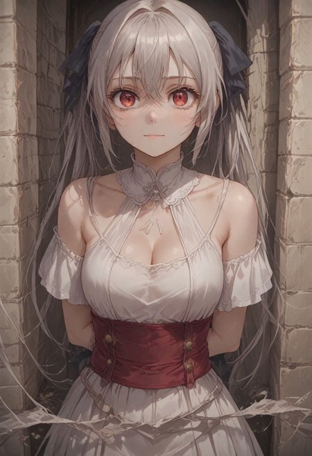score_9, score_8_up, score_7_up ,source_anime,highres,16k, official art,beautidul detailed hair,beautiful detailed eyes,perfect anatomy,hairdetailer,very aesthetic, absurdres, intricate detailed, very aesthetic,cute face,clear skin,shiny hair,rating_explicit,
 in the castle, princess,view from behind,looking back,
1girl, bare shoulders,cleavage,  collarbone, tiara, white dress,hair ornament,ribbon on waist, 
<lora:lynneburg-clays-s1-ponyxl-lora-nochekaiser:0.8>, lynneburg clays, long hair, red eyes, twintails, grey hair, hair intakes, hair ribbon,  smile, solo, full body,
,<lora:detail_eyes:0.><lora:add-detail-xl:0.5>, <lora:flat_sdxl:-0.5> , <lora:Alien_Hive:0.4>,
 <lora:xl_fairy_dress-1.0:0.8>