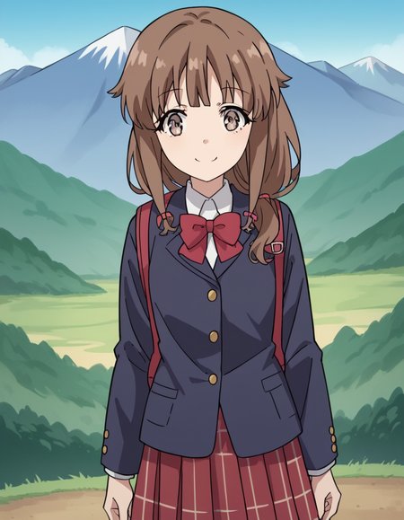 score_9, score_8_up, score_7_up, source_anime, <lora:kaede-azusagawa-s1-ponyxl-lora-nochekaiser:1>, kaede azusagawa, long hair, bangs, brown hair, brown eyes,, skirt, shirt, long sleeves, bow, school uniform, jacket, white shirt, pleated skirt, collared shirt, bowtie, red bow, black jacket, plaid, red skirt, plaid skirt, blazer, red bowtie,, mountain trail, hiking, nature, backpack, adventure, fresh air, smile, looking at viewer, solo,, cowboy shot, dutch angle